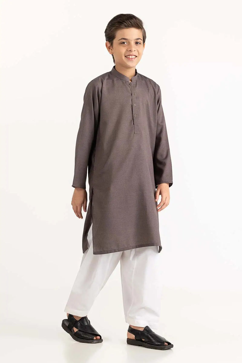 another Front View of GulAhmed’s grey kids' kurta – a premium choice for Punjabi suits for kids, featuring a classic straight-cut design.