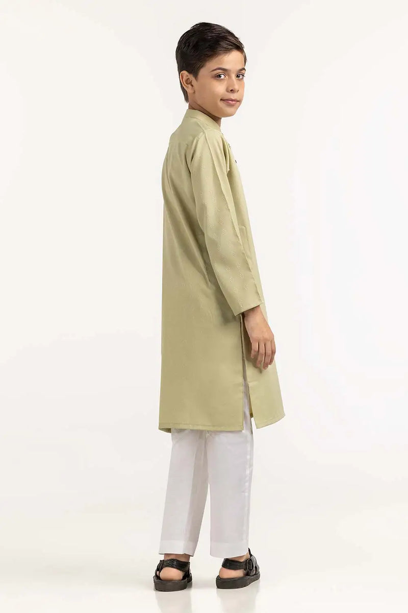 Side profile of GulAhmed’s dark vanilla kurta, showcasing a traditional design – perfect for Pakistani suits for kids.