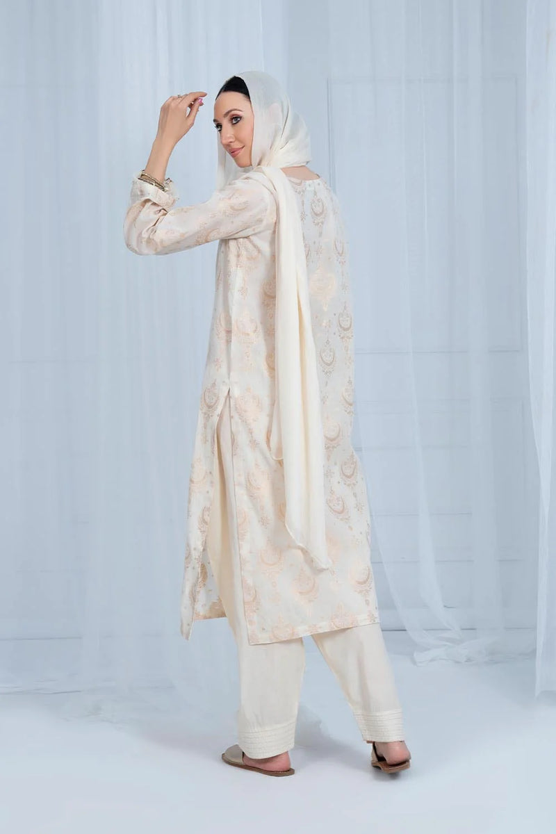 Creamy White Jacquard Long Shirt - HNO-100 - Tarz-e-Mashriq