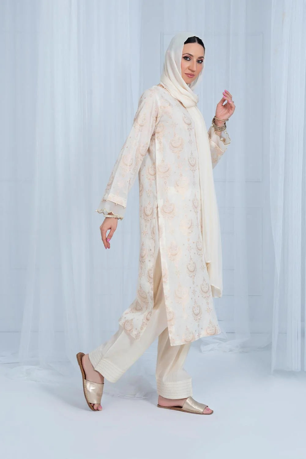 Creamy White Jacquard Long Shirt - HNO-100 - Tarz-e-Mashriq