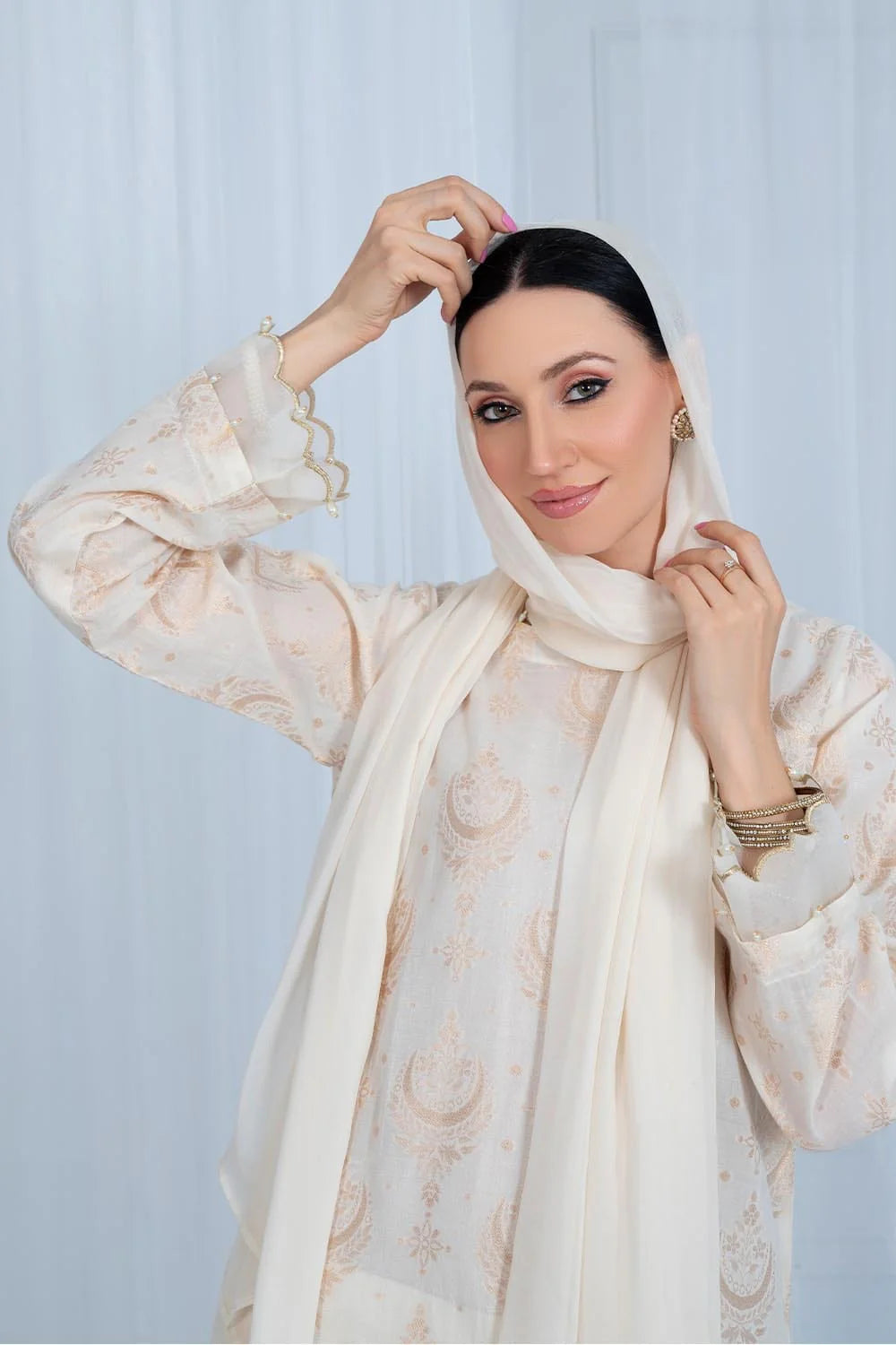 Creamy White Jacquard Long Shirt - HNO-100 - Tarz-e-Mashriq