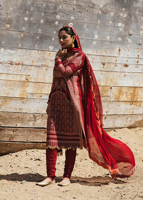 Full outfit view of Hussain Rehar maroon Pakistani suit with chiffon dupatta - perfect for weddings and formal events
