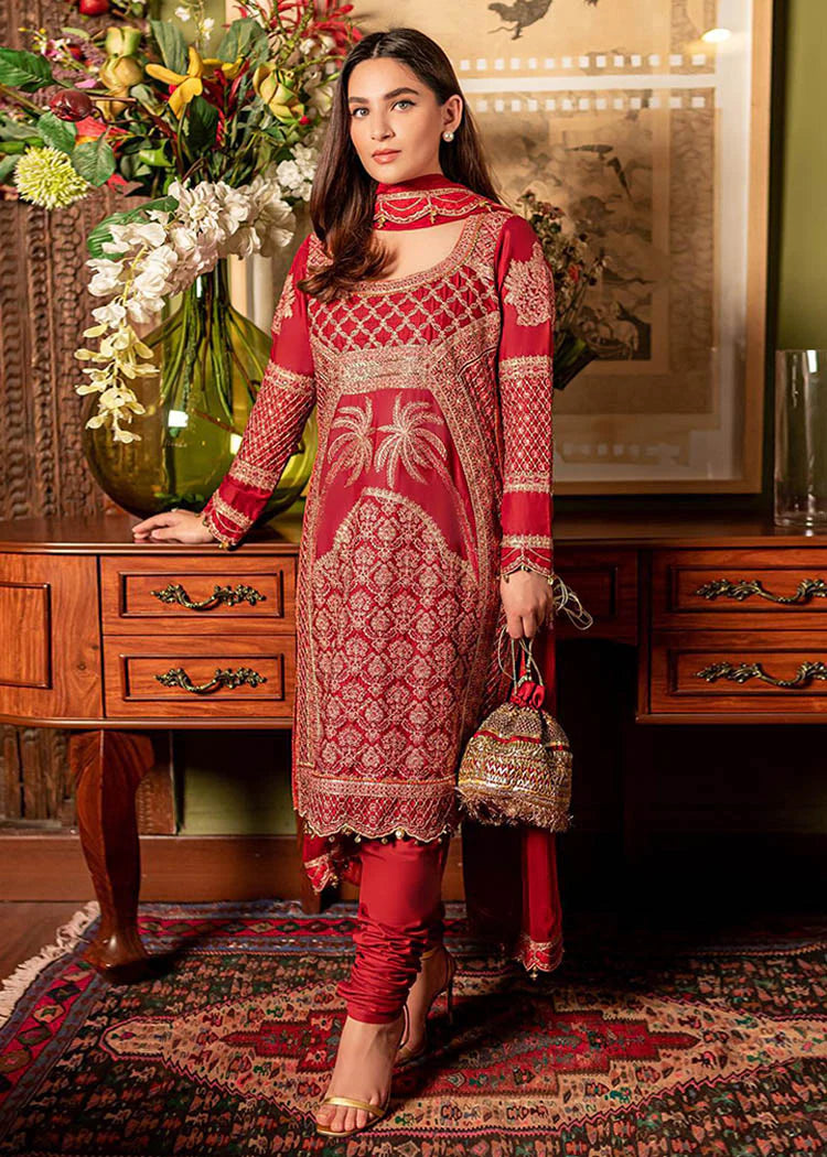 Hussain Rehar maroon embroidered Pakistani suit - elegant 3-piece cotton and chiffon ensemble for semi formal occasions