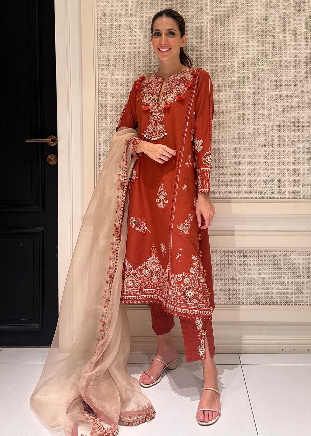 Traditional Pakistani clothes - Faizah Pumpkin Orange Embroidered Lawn Outfit by Brand Sadaf Fawad Khan