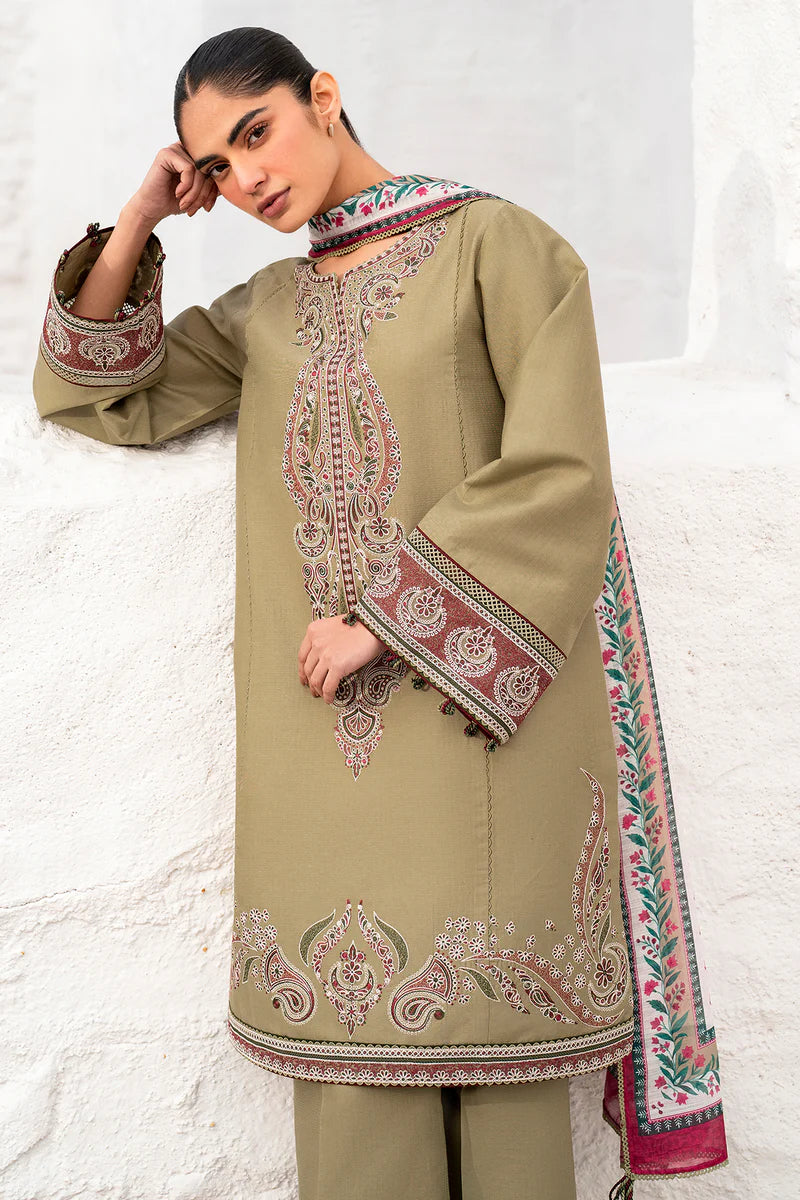 Woman standing three-quarter view Jazmin camel dobby lawn suit Eid festive Pakistani wear Canada