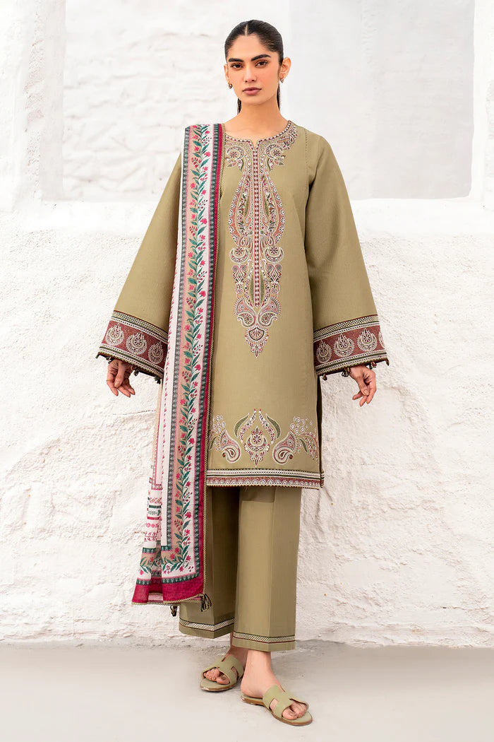 Woman standing full length front view wearing Jazmin camel embroidered dobby lawn 3-piece suit Pakistan Canada