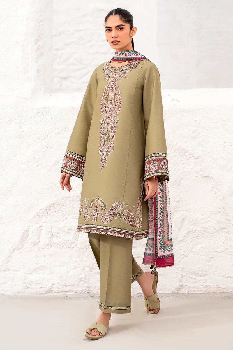 Woman walking full length Jazmin camel embroidered lawn suit Pakistani summer wear women Canada