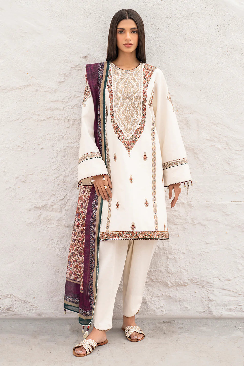 Woman standing full length wearing Camel Embroidered Dobby Lawn 3-Piece Suit - Jazmin Pakistani suits Canada festive wear
