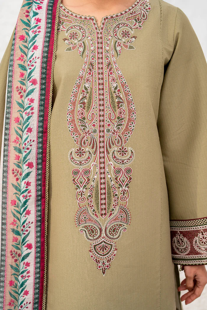 Woman portrait close-up Jazmin embroidered dobby lawn suit camel color Pakistani festive wear Canada