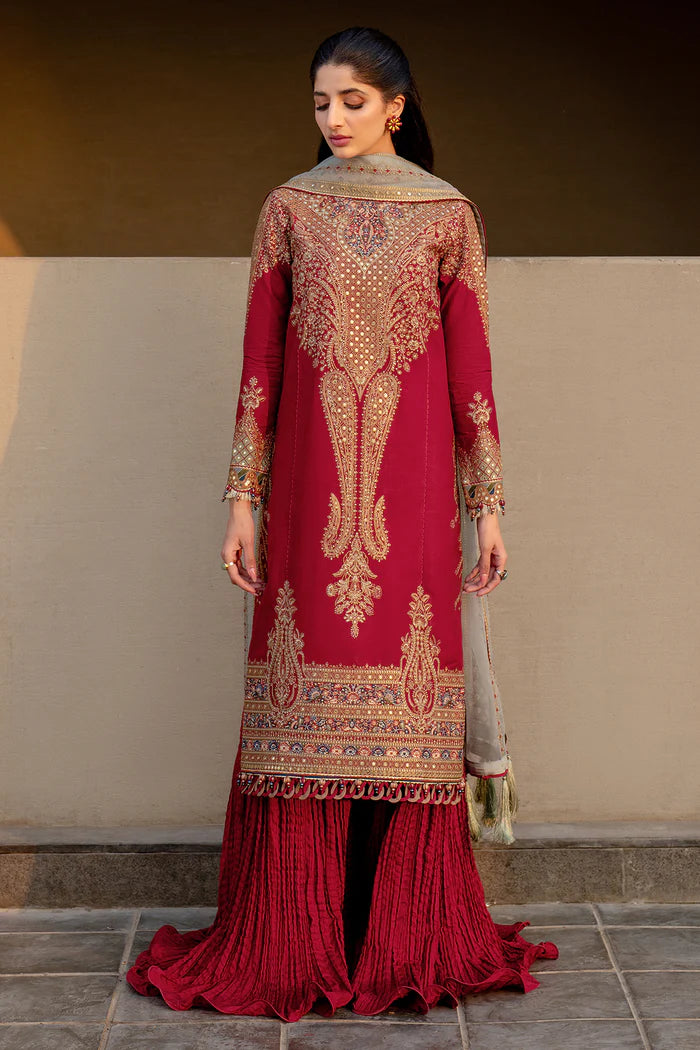 Woman wearing Jazmin front view full length crimson embroidered lawn kurta gold zardozi sharara silver dupatta Pakistani suit Canada