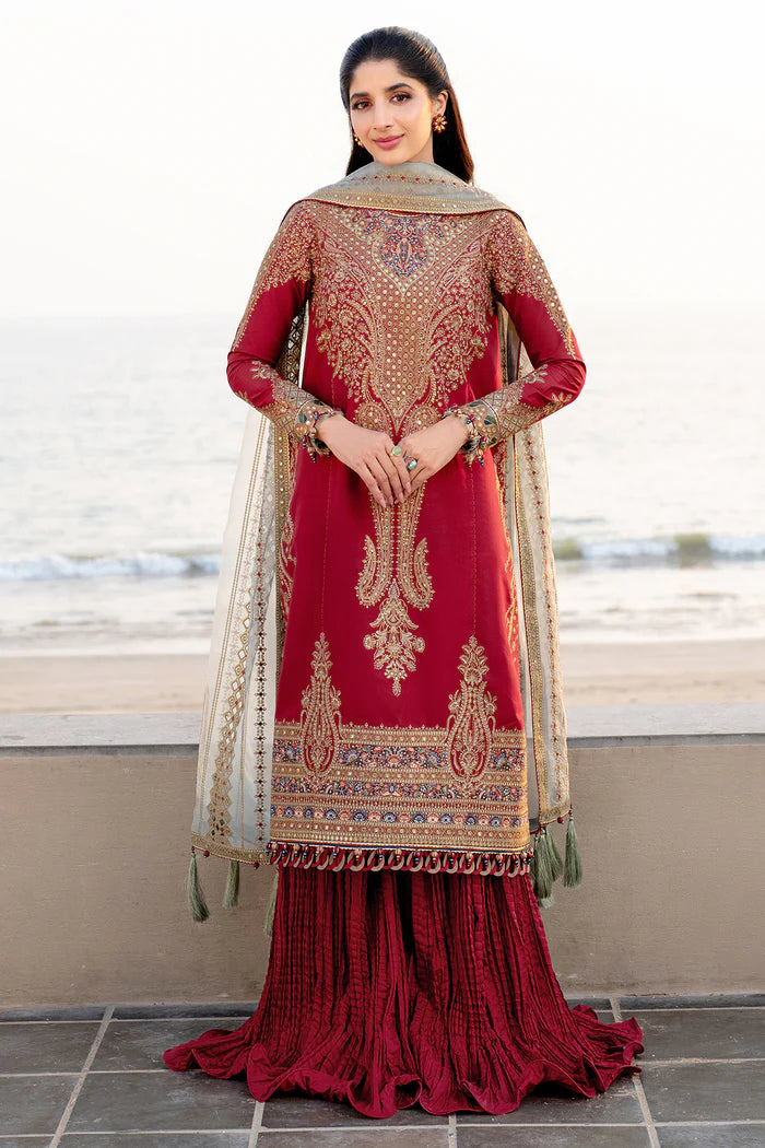 Woman wearing Jazmin front view full length crimson zardozi lawn kurta silver organza dupatta red sharara Punjabi suit Eid Canada