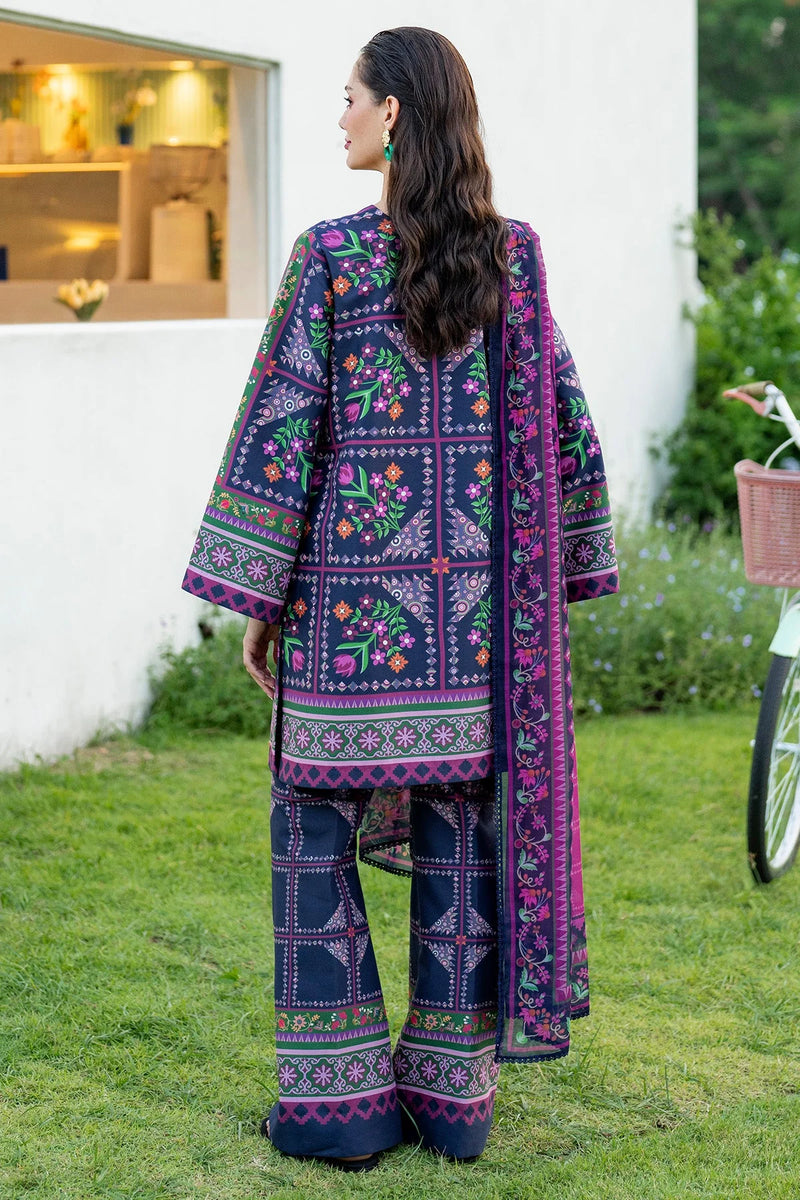Woman standing full length back view – Jazmin JAZ-415 navy floral printed lawn 3-piece Pakistani suit – Canada – Eid Diwali casual