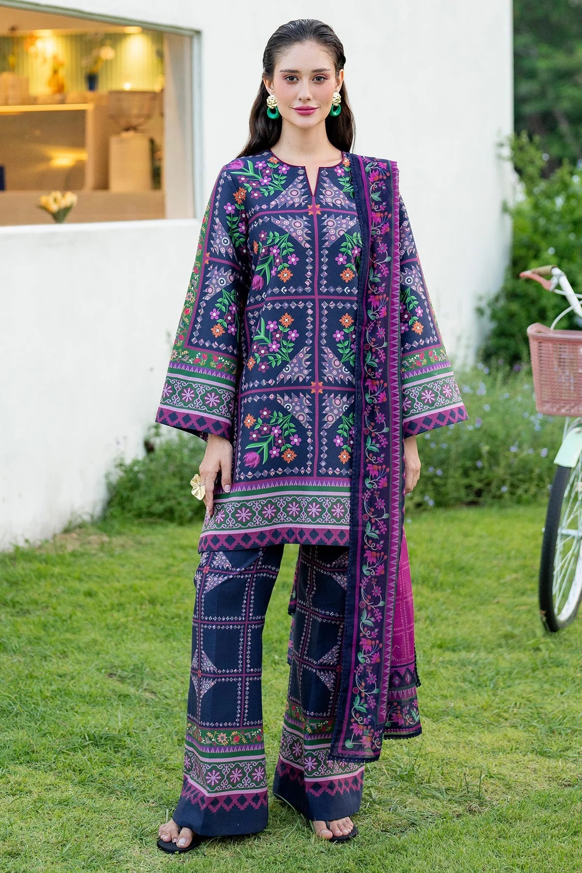 Woman standing full length front view – Jazmin JAZ-415 navy floral printed lawn Punjabi suit – Pakistani suits online Canada – Eid Diwali festive 