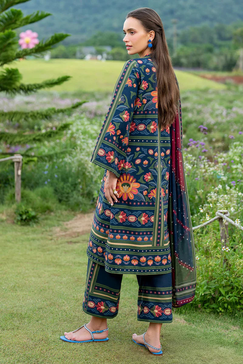 Woman standing full length back view – Jazmin JAZ-416 navy floral printed lawn 3-piece Pakistani suit Canada – Eid festive casual