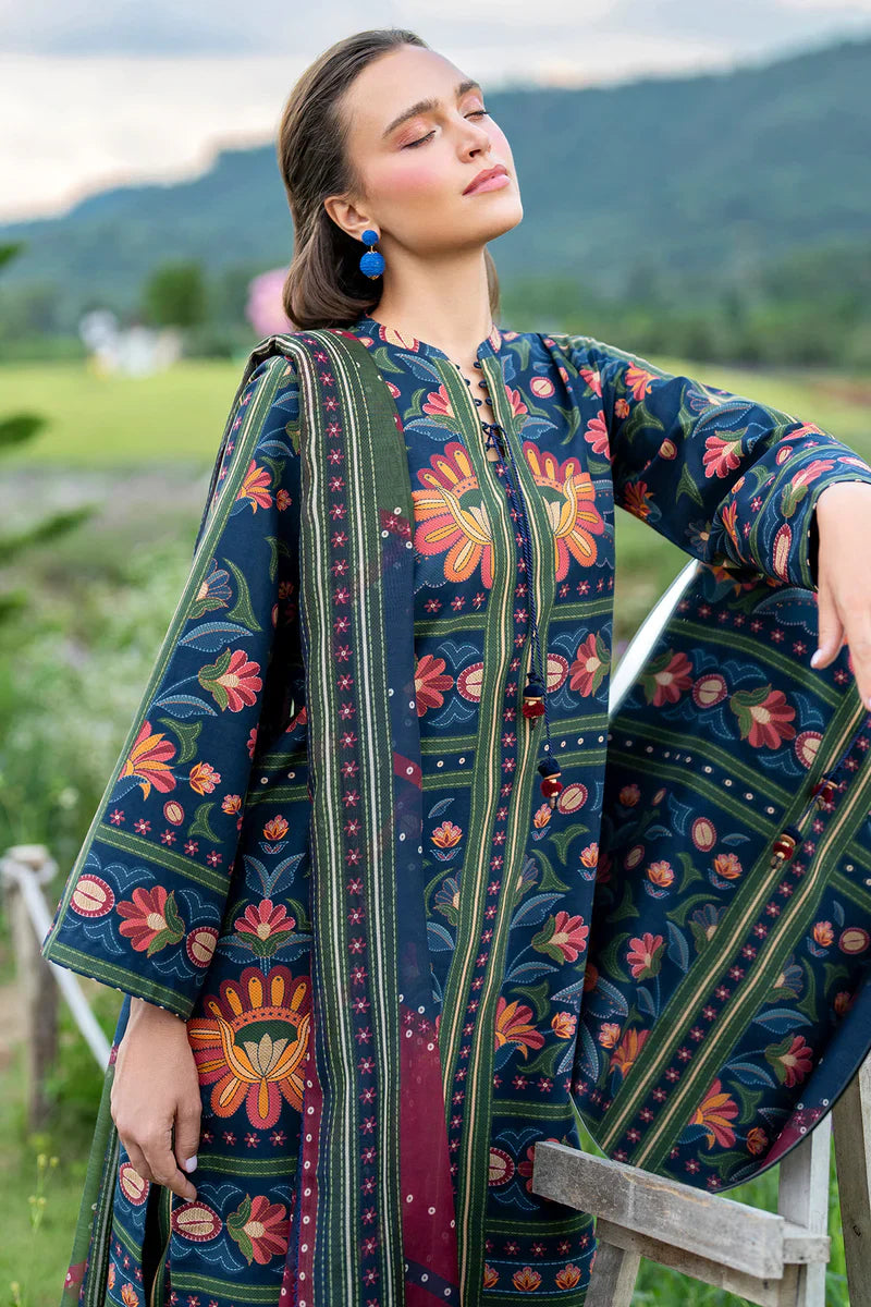 Woman leaning portrait close-up – Jazmin JAZ-416 navy floral lawn Punjabi suit dupatta detail – Pakistani suits Canada – festive Eid 