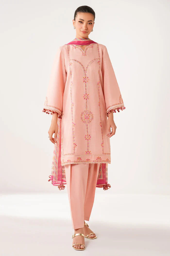 Woman standing full length front view – Jazmin JAZ-417 peach embroidered slub lawn Punjabi suit – Pakistani suits online Canada – Eid