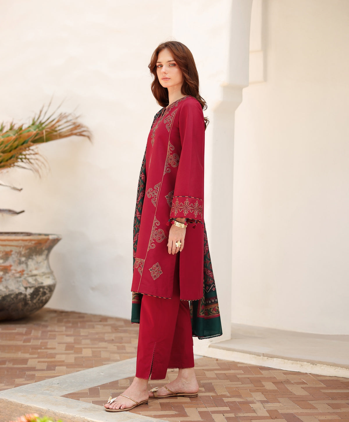 Woman standing side view full length – Jazmin JAZ-420 crimson embroidered 3-piece Punjabi suit – Pakistani suits online Canada