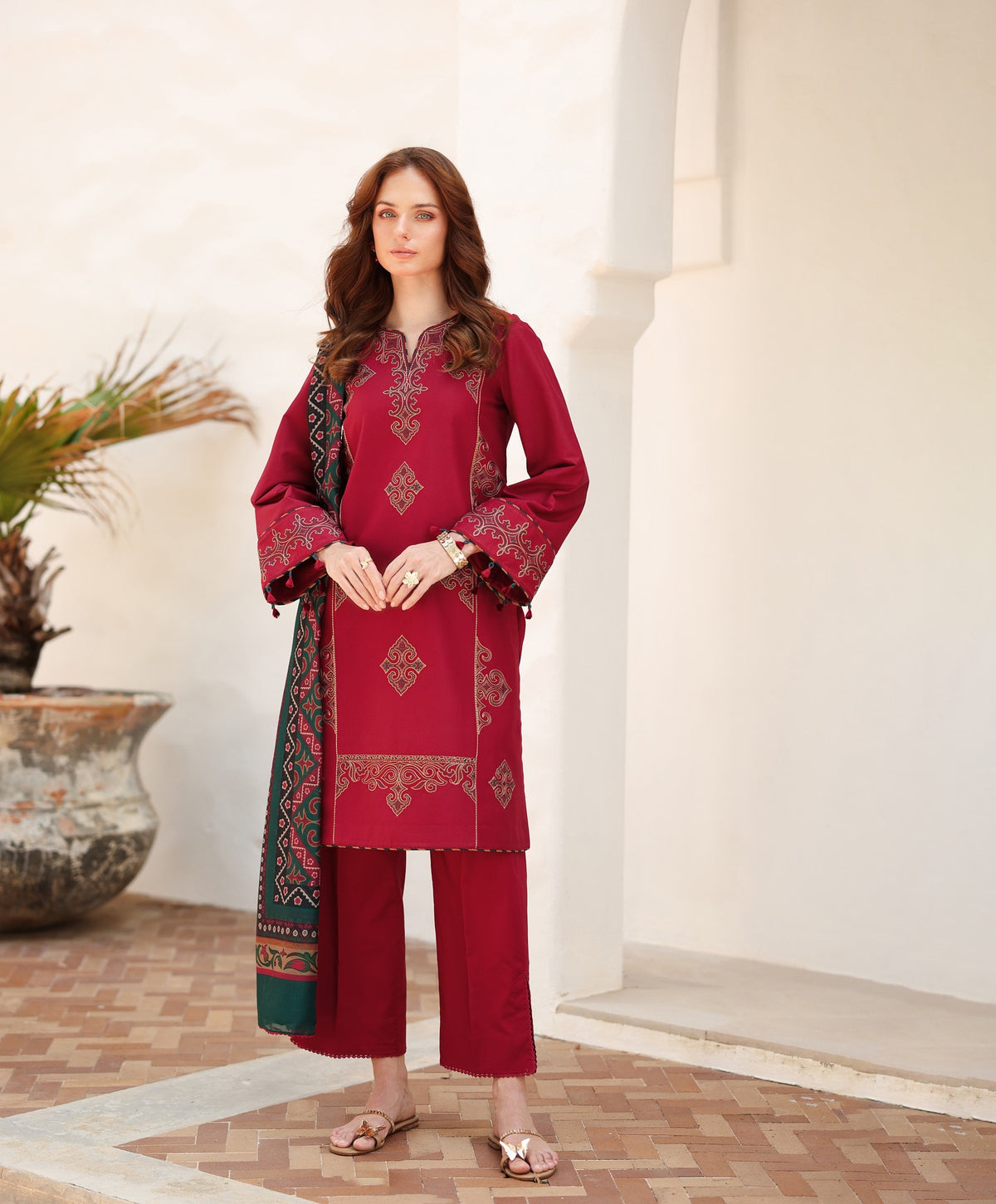 Woman standing front view hands clasped – Jazmin JAZ-420 crimson embroidered 3-piece Punjabi suit – Pakistani suits Canada