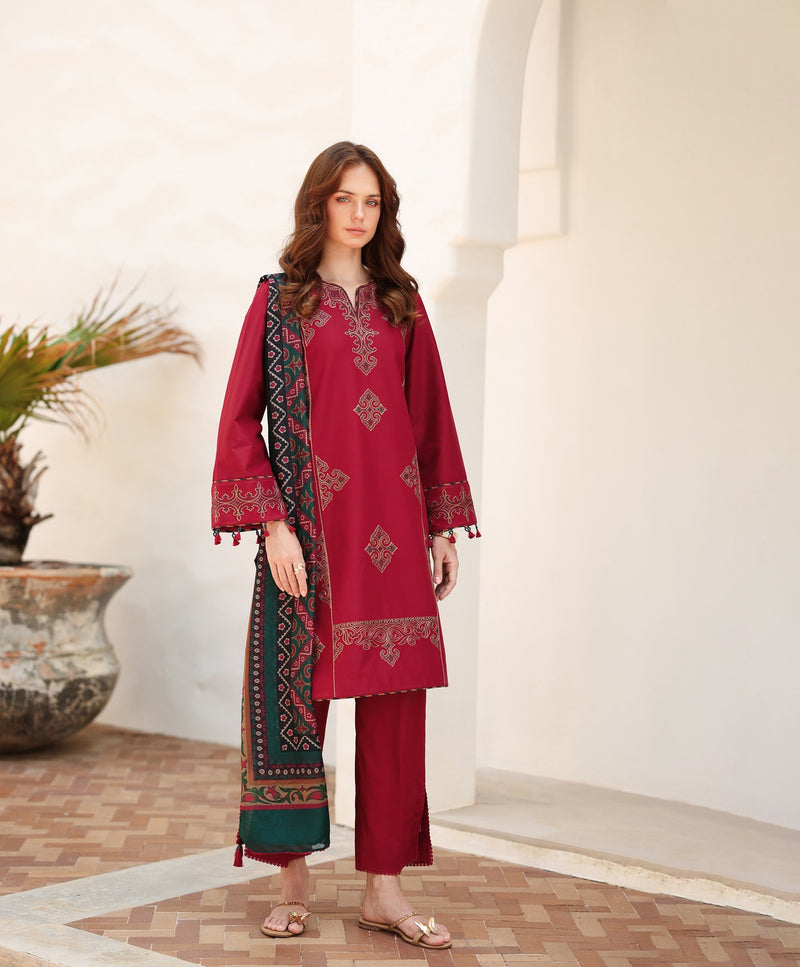 Woman standing front view full length – Jazmin JAZ-420 crimson gold embroidered Punjabi suit dupatta – Pakistani suits Canada