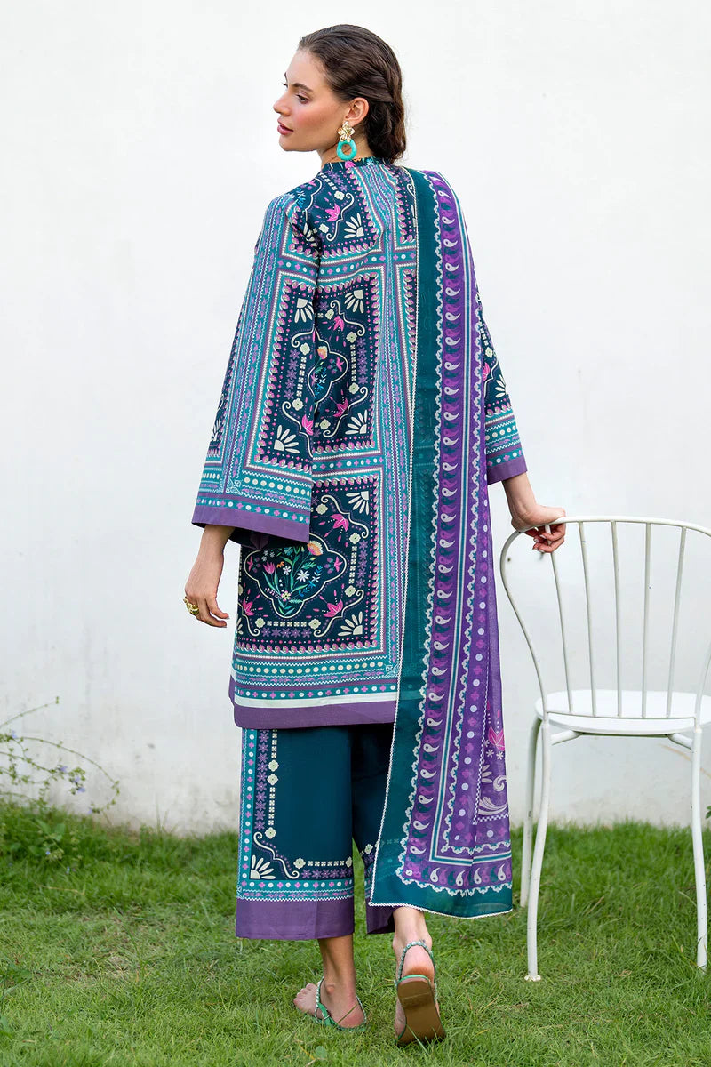 Woman standing full length back view Jazmin teal geometric printed lawn 3-piece suit purple dupatta Eid Pakistani suits Canada