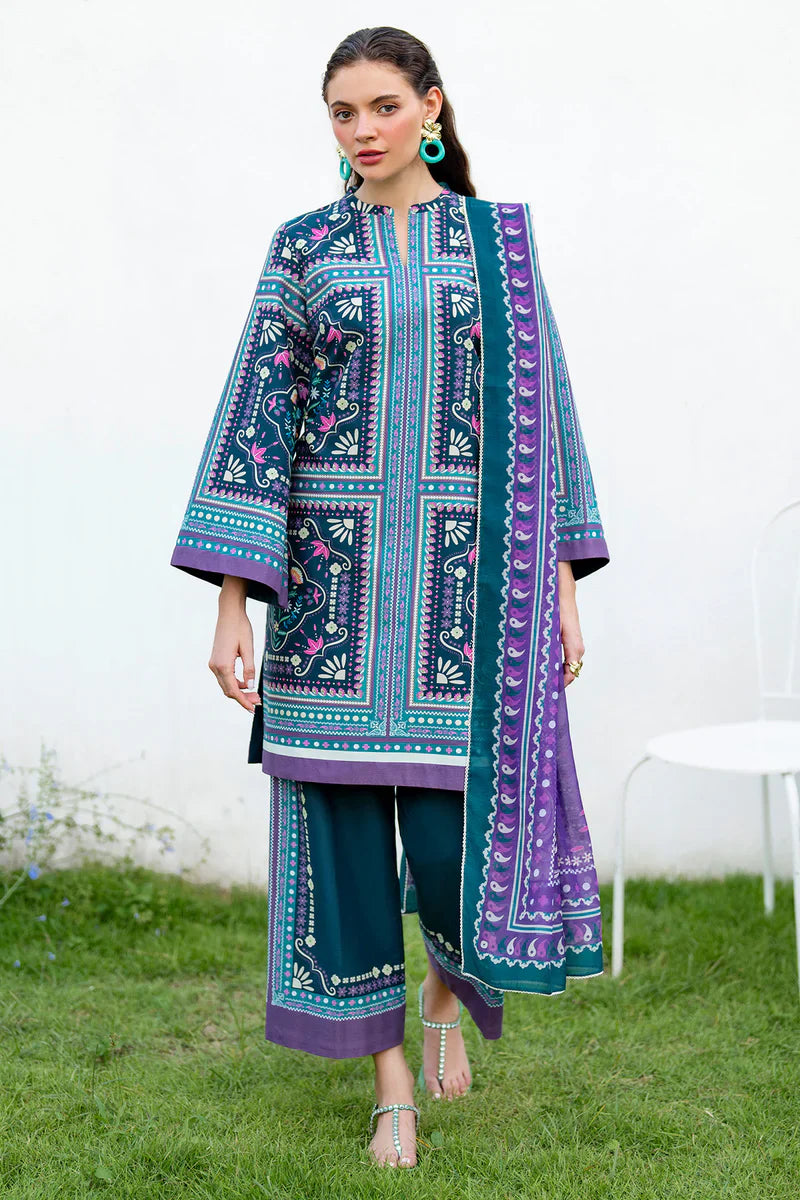 Woman standing full length back view Jazmin teal geometric printed lawn 3-piece suit purple dupatta Eid Pakistani suits Canada