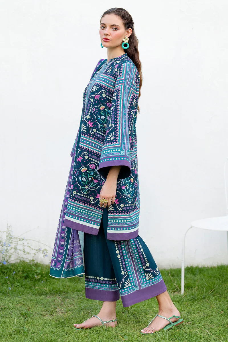Woman standing full length side view Jazmin teal printed cambric wide-leg trouser lawn shirt dupatta wedding Pakistani suits Canada
