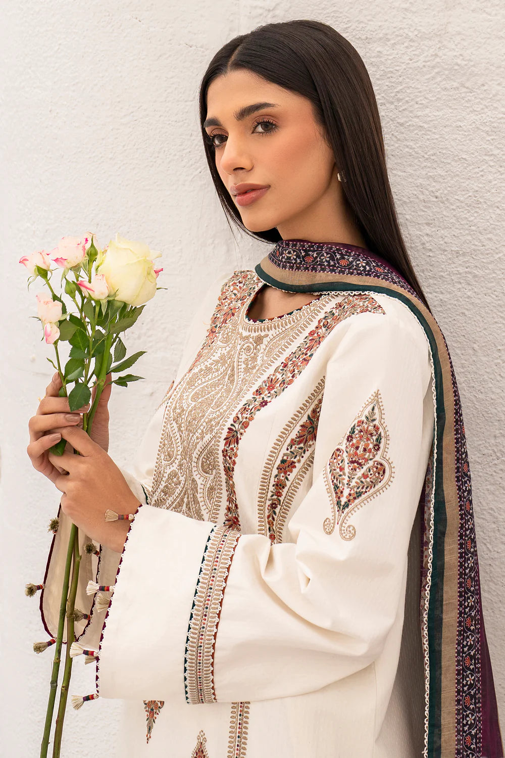 Close-up embroidery detail Camel Dobby Lawn Suit - Jazmin Pakistani ethnic wear Canada traditional craftsmanship women