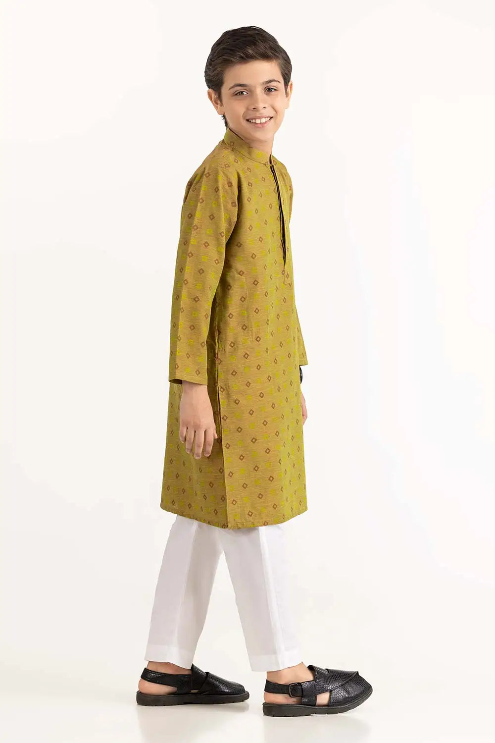 Side view of Gulahmed’s Aztec Gold embroidered kurta – stylish Pakistani suits Canada for kids.