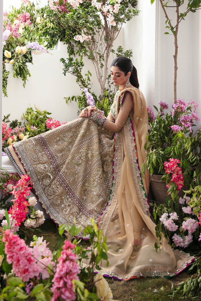 Luxury Pakistani formal wear Zaha Alysiah organza lehenga with intricate tilla work and pearls for special occasions