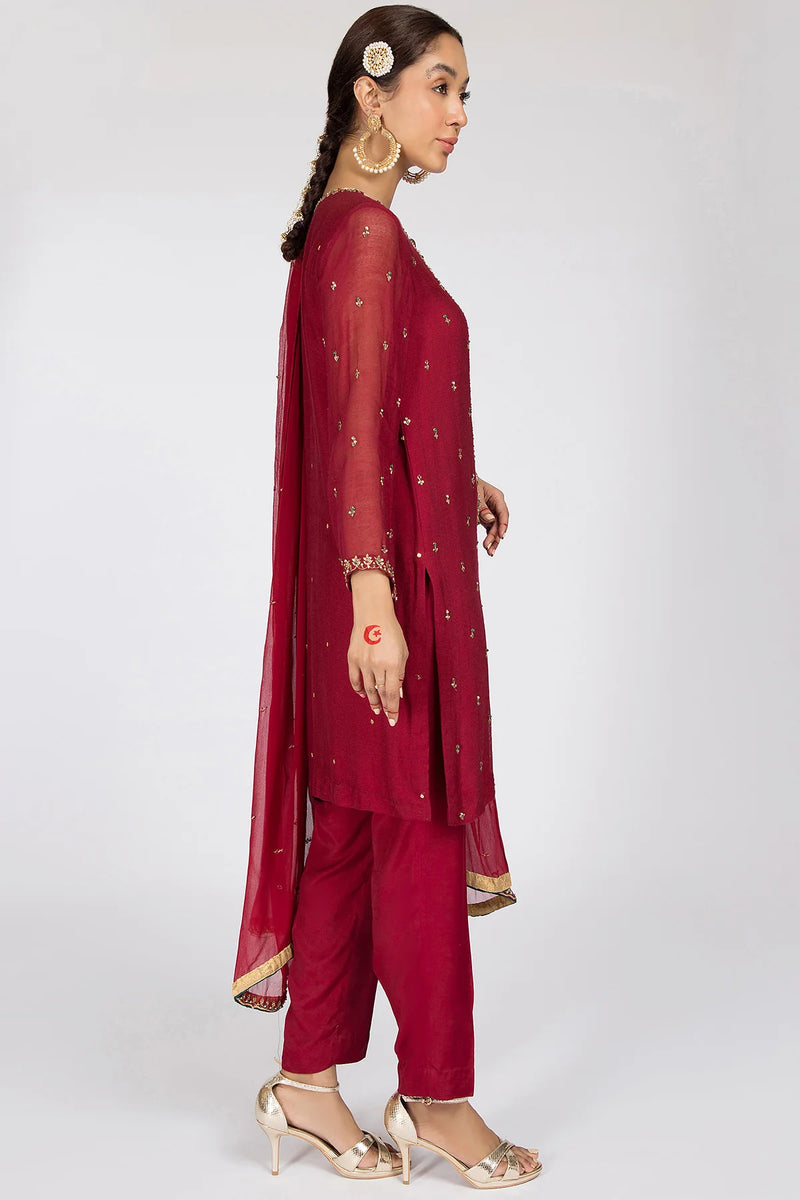 Side profile of Kayseria’s maroon silk net suit, highlighting its intricate embellishments and premium raw silk trousers