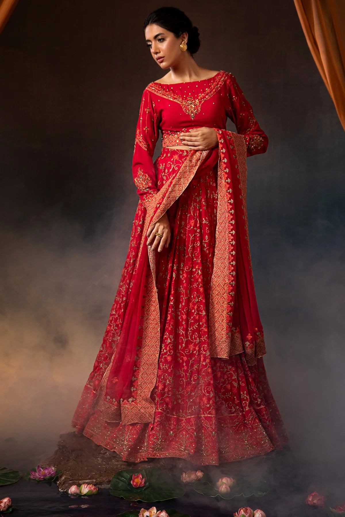 Right side view of Kayseria’s maroon embroidered raw silk suit, showcasing exquisite embroidery and luxurious fabric details.