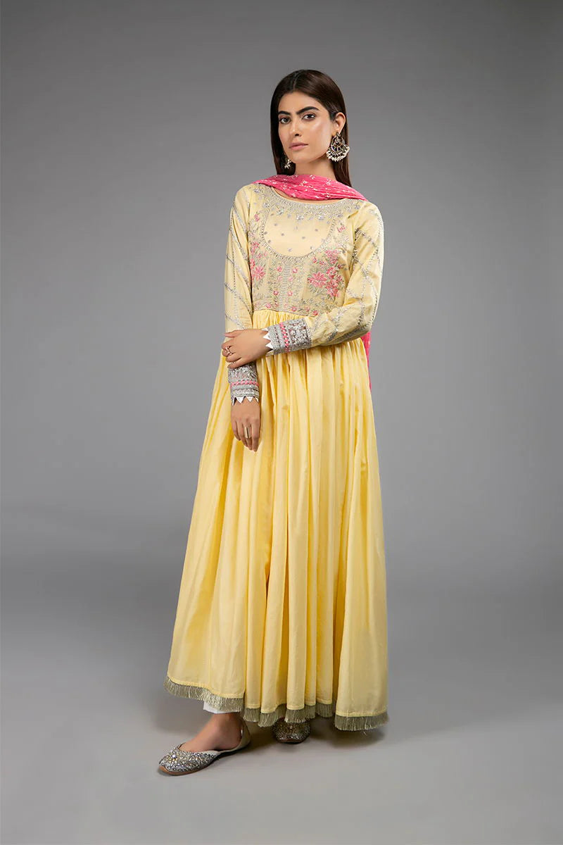 Maria.B Yellow Embroidered Frock 3-Piece Suit MB-111 - Front View Model Wearing Complete Outfit with Pink Dupatta