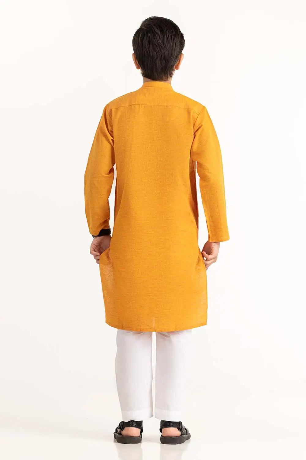Rear view of the stylish Gulahmed marigold kurta, designed for comfort and elegance.