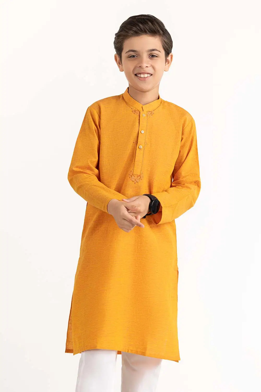 High-quality cotton fabric of the marigold kurta, offering breathable comfort for kids' wear.