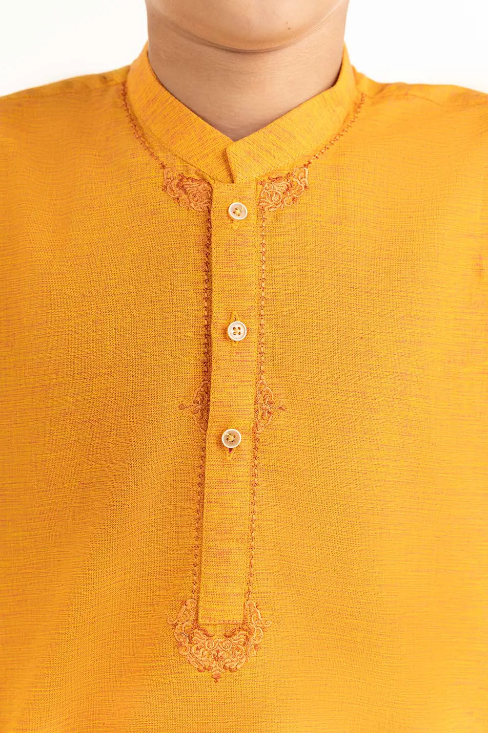 Zoomed-in view of the delicate embroidery on this premium Gulahmed boys' kurta, perfect for festive occasions.