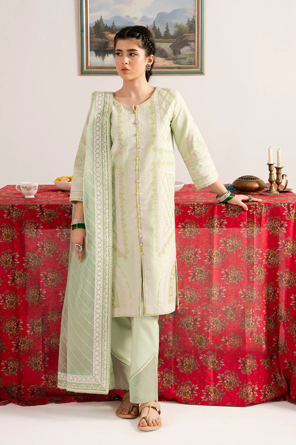 Woman standing front view full length mint embroidered lawn 3-piece suit Maryum N Maria Eid Diwali wedding Pakistani suits Canada