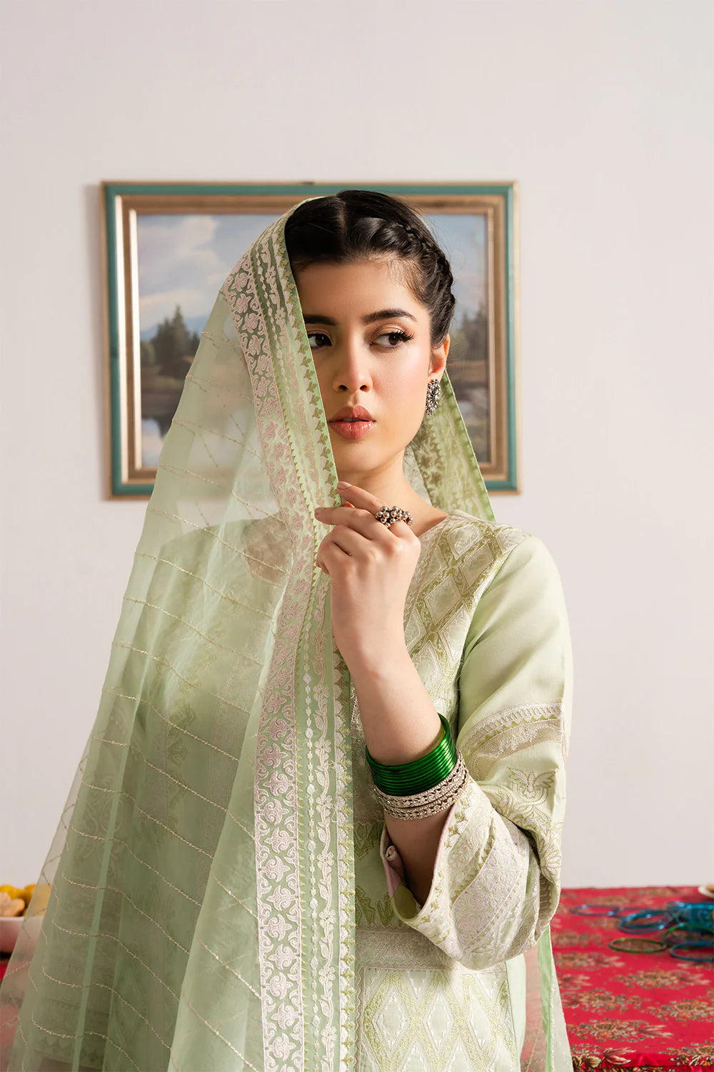 Woman portrait close-up dupatta draped mint embroidered organza Maryum N Maria Eid Diwali festive Pakistani suits Canada women