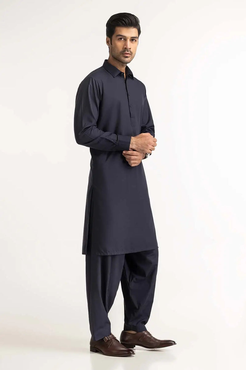 Elegant Pakistani suit for men – GulAhmed navy blue blended outfit, perfect for a refined and polished look.