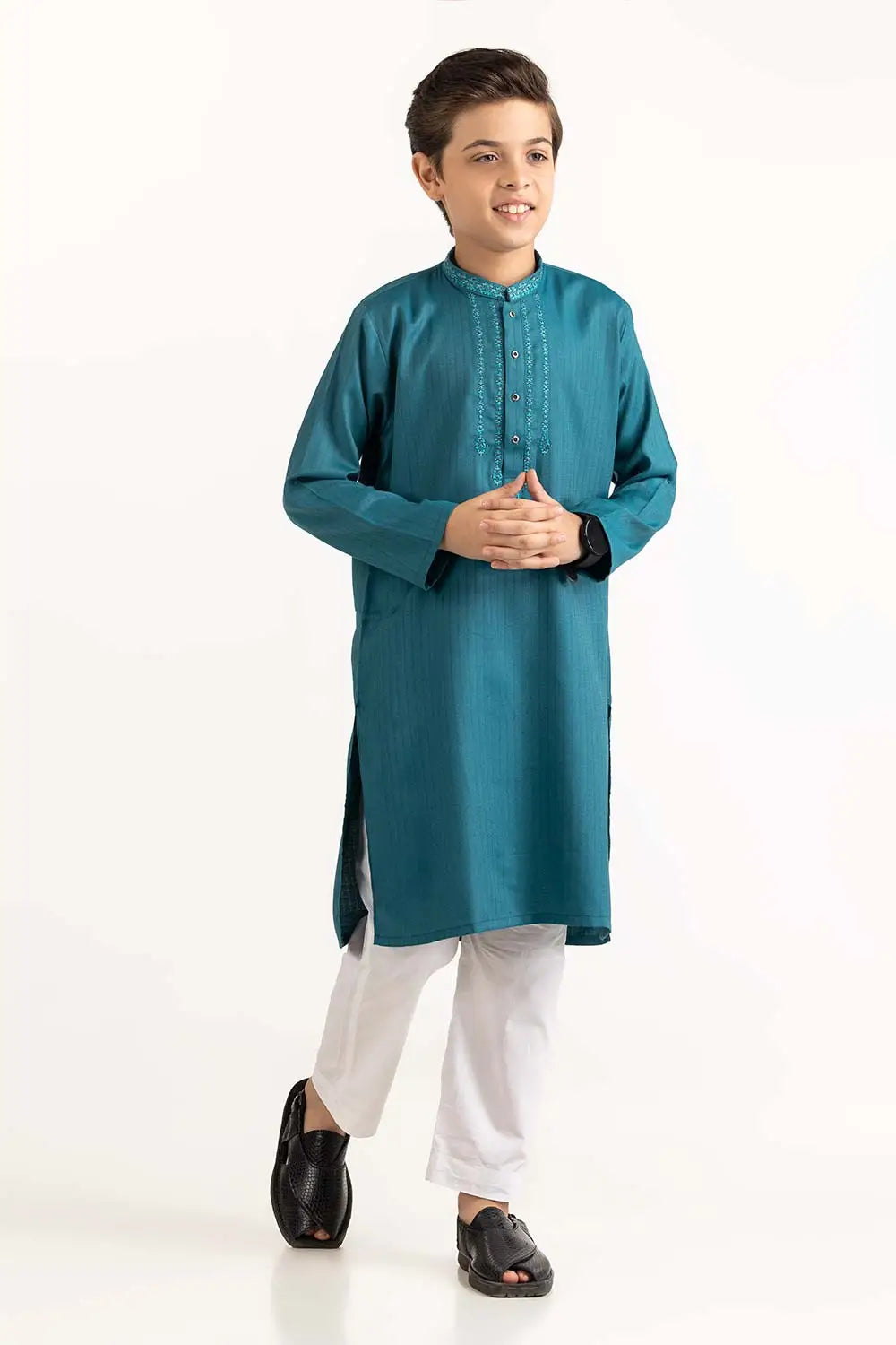 kid wearing GulAhmed jelly bean blue embroidered kurta – a stylish choice for Pakistani suits online in Canada, crafted from blended fabric.