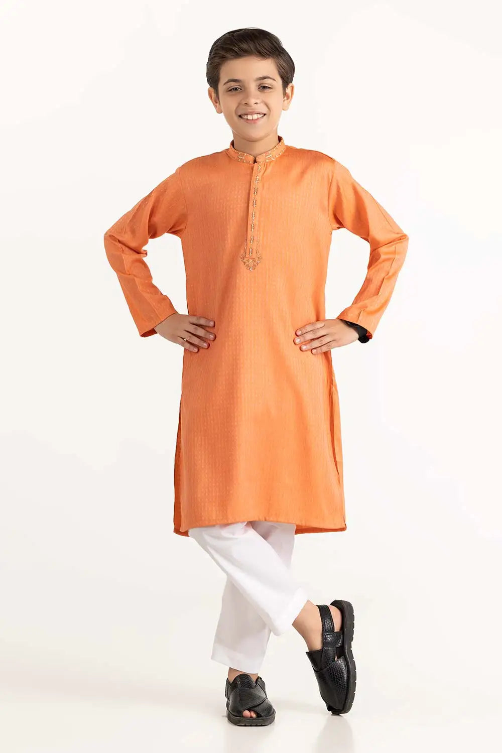 Brand Gulahmed - Orange Embroidered Kurta for Boys - GUL-42 - Tarz-e-Mashriq