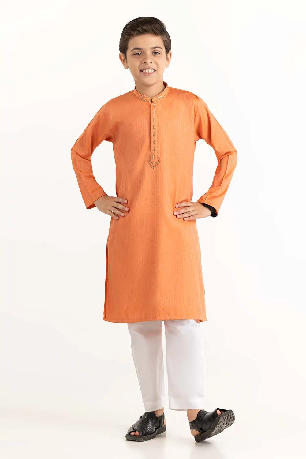 Brand Gulahmed - Orange Embroidered Kurta for Boys - GUL-42 - Tarz-e-Mashriq