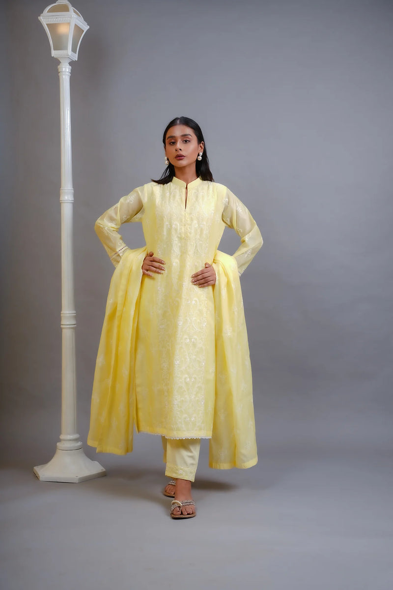 Woman front view holding dupatta SHEEP yellow cotton net Pakistani suits Canada Eid festive