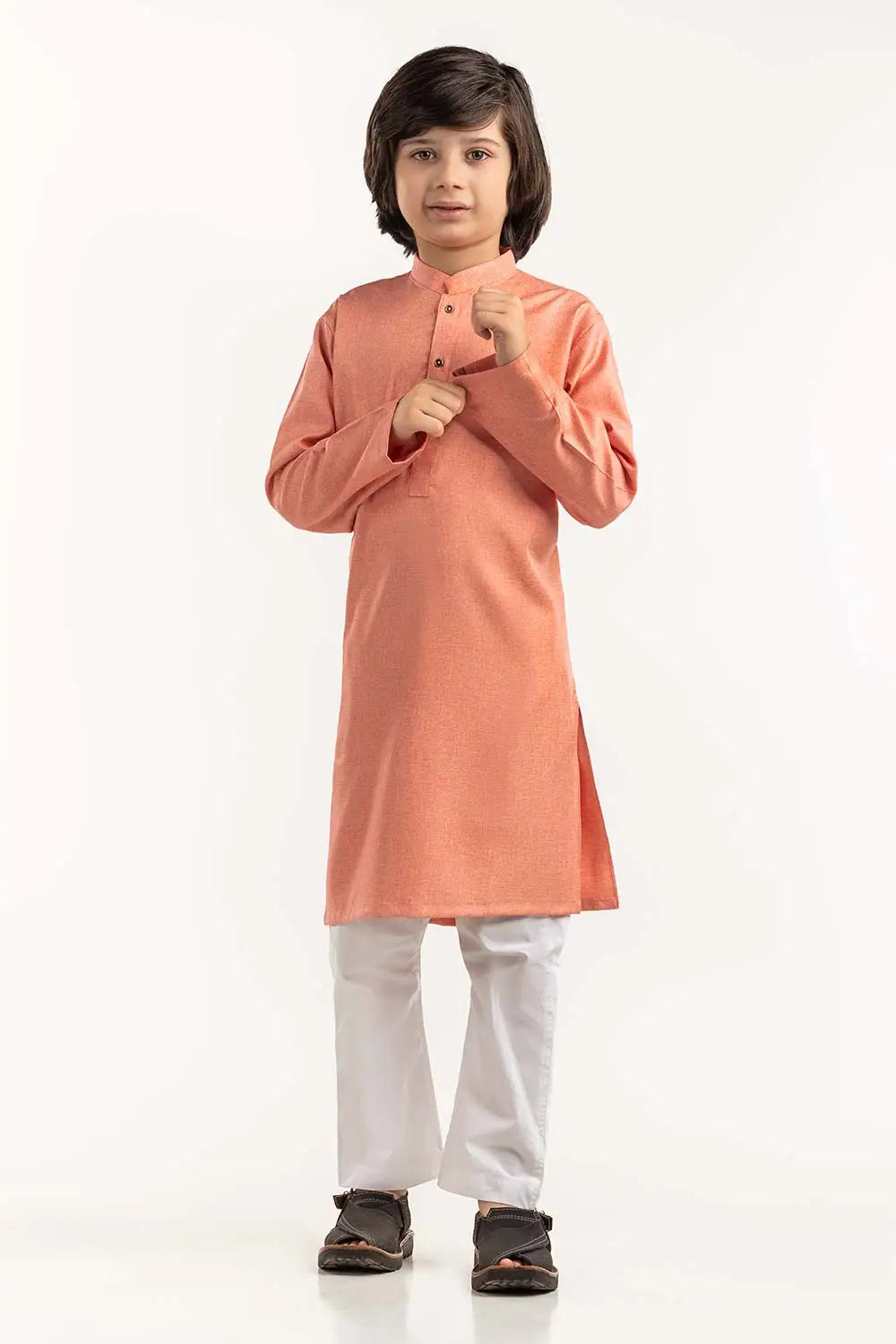 Peach Gulahmed kurta for boys – soft cotton-polyester fabric, ideal for casual wear. Explore Pakistani suits Canada for kids.