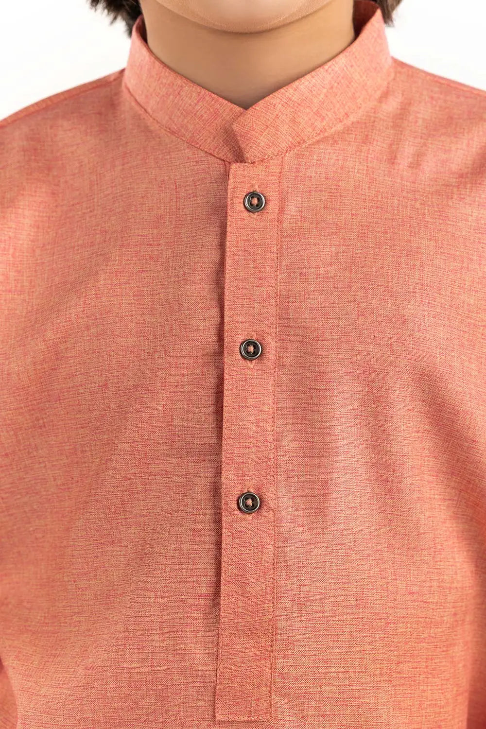 A closer look at the premium cotton-polyester blend fabric of this kids' kurta, part of our Pakistani suits Canada collection.