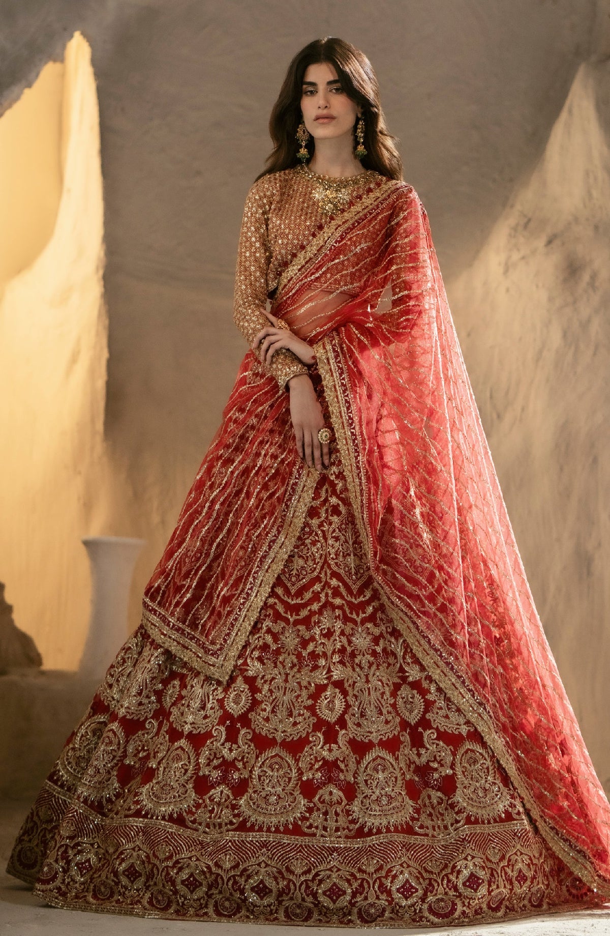 Complete red bridal lehnga choli set with dupatta - Maryum Maria MNM-101 Pakistani wedding dress with gold embroidery