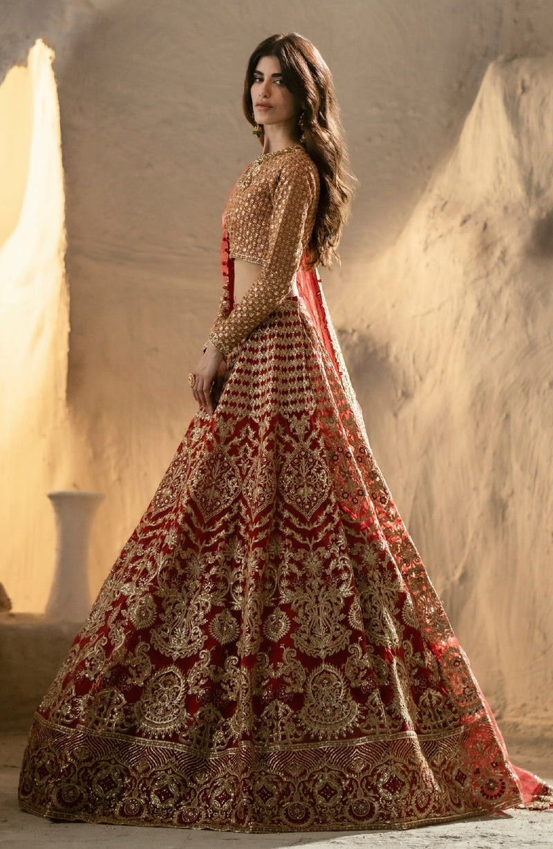Red bridal lehnga choli MNM-101 profile view - intricate gold embroidery work on organza and net fabric by Maryum Maria