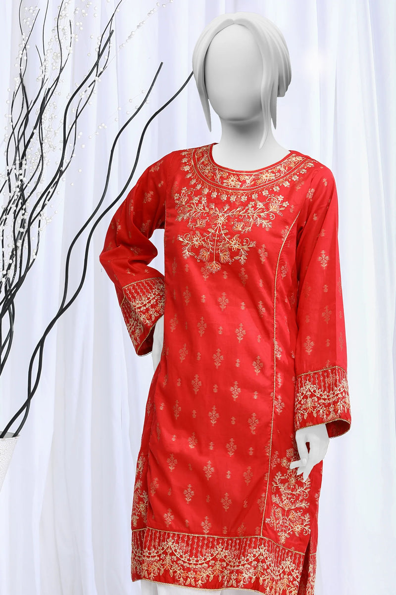 Red embroidered jacquard kurti with intricate gold threadwork, floral motifs, and traditional Pakistani formal wear styling on mannequin
