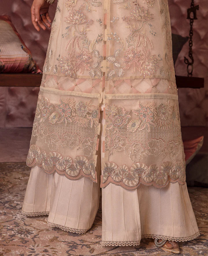 Republic Womenswear Rose Beige Organza Suit - Embroidery Detail - Close-up of scalloped hem and intricate threadwork on trousers