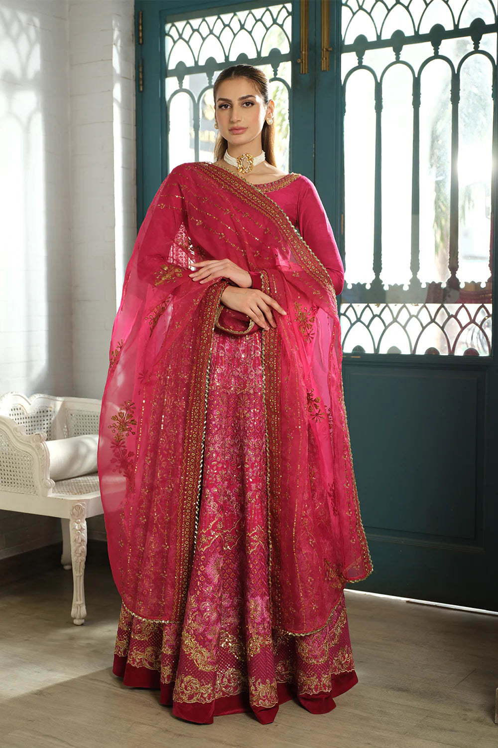 Traditional Pakistani clothes for women – Front view of Fuschia Pink Bridal Dress in Korean Silk for wedding wear – Large size mode