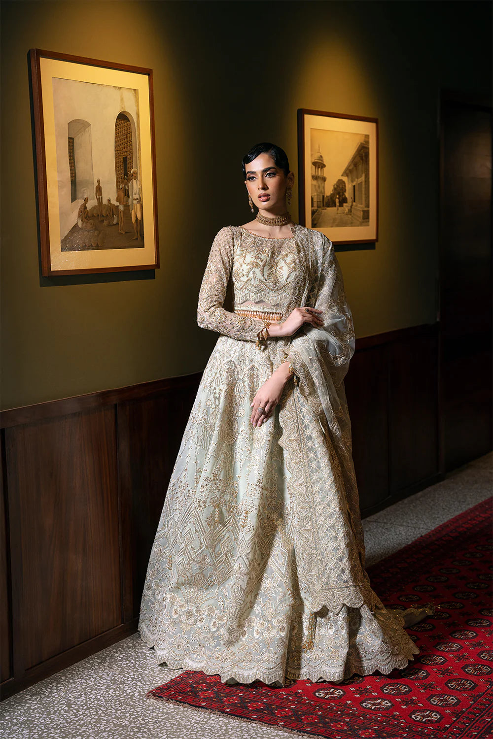 Front view of Saira Rizwan Chinese Silver embroidered bridal dress – ideal for traditional Pakistani clothes seekers.
